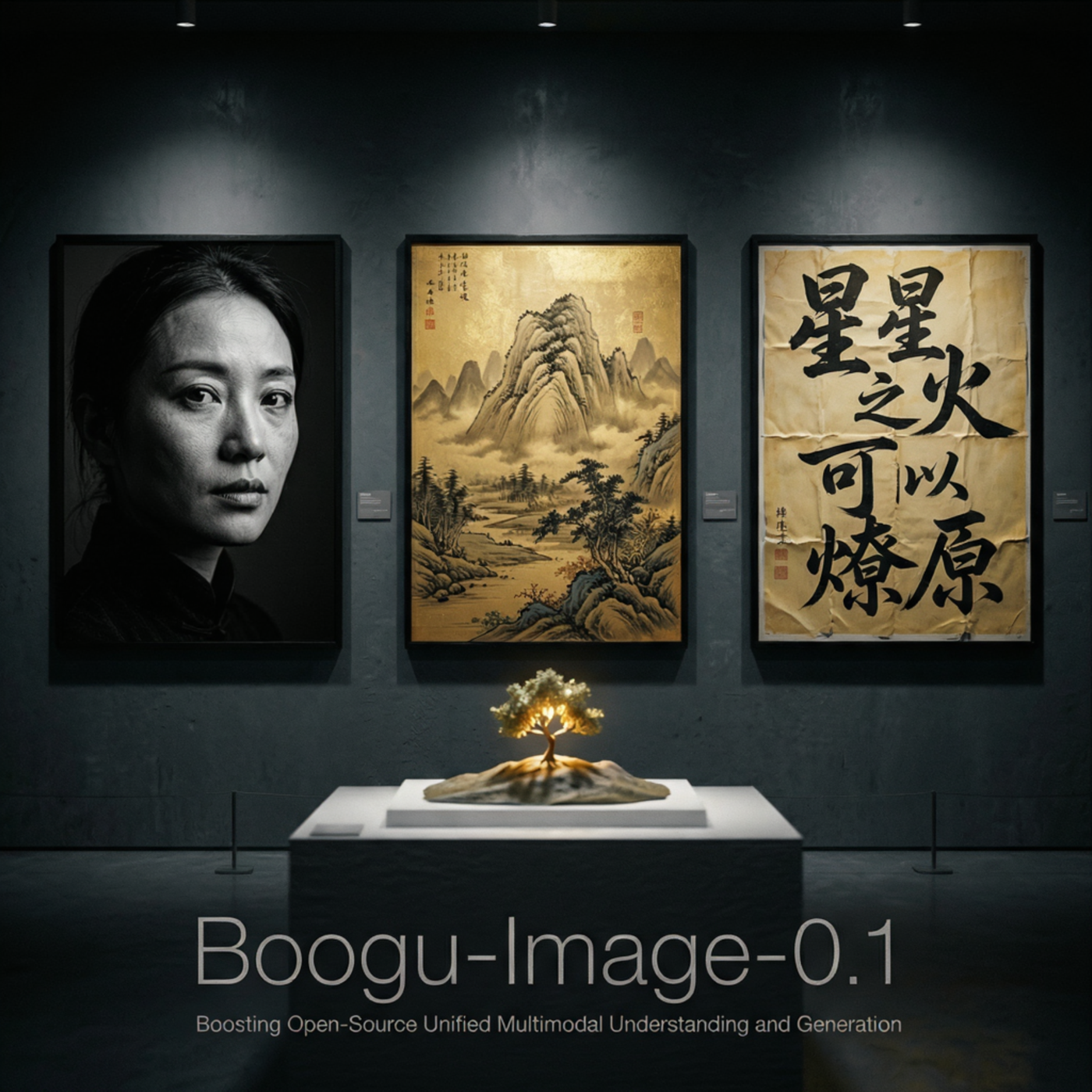 Boogu-Image-0.1 生成示例：写实人像、国风山水、双语书法文字