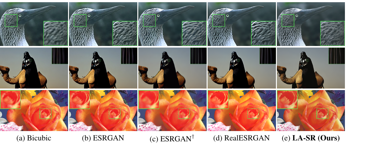 ×4 超分定性对比: bicubic / ESRGAN / ESRGAN† / RealESRGAN / LA-SR 在鸟羽毛、达斯维达、玫瑰上的放大对比, LA-SR 细节更锐更自然
