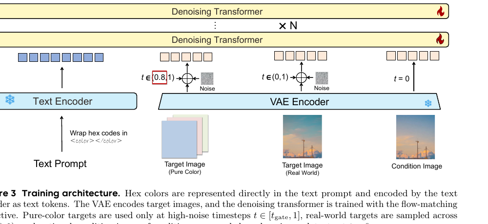 训练架构：hex 写进文本提示，VAE 编码目标图，去噪 transformer 用 flow-matching 训练