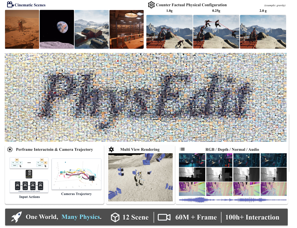 PhysEditWorld overview teaser: cinematic UE5 scenes, counterfactual gravity, multi-view rendering, multimodal annotations
