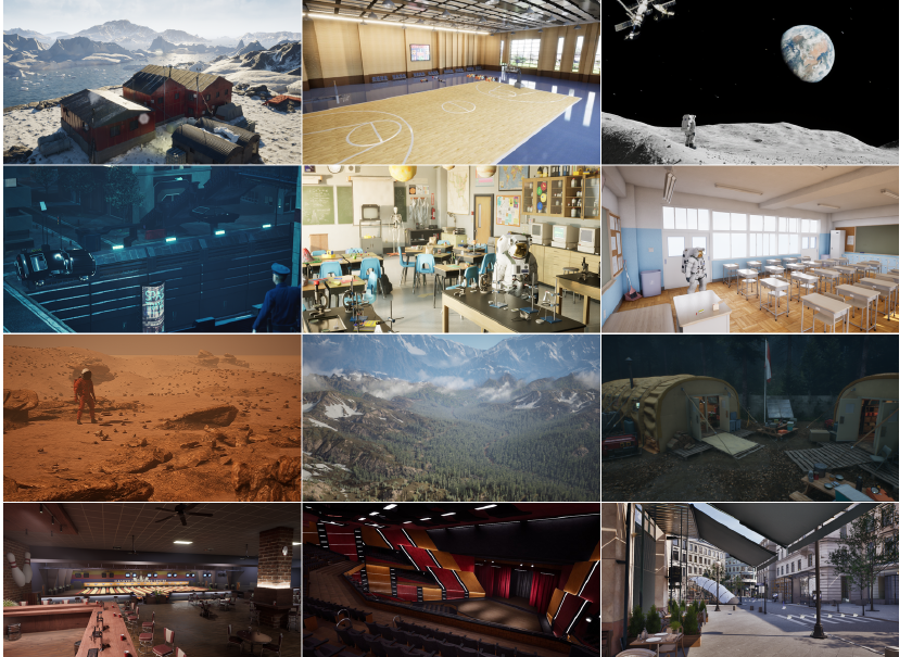 12 curated UE5 scenes: polar base, sports court, lunar surface, cyberpunk city, classroom/lab, Mars, forest valley, research camp, bowling alley, theater, urban street