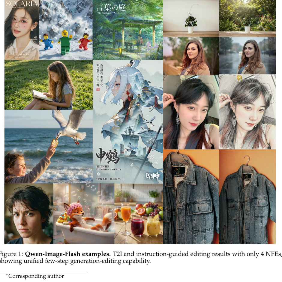 Qwen-Image-Flash 在 4 NFE 下的 T2I 与编辑结果网格