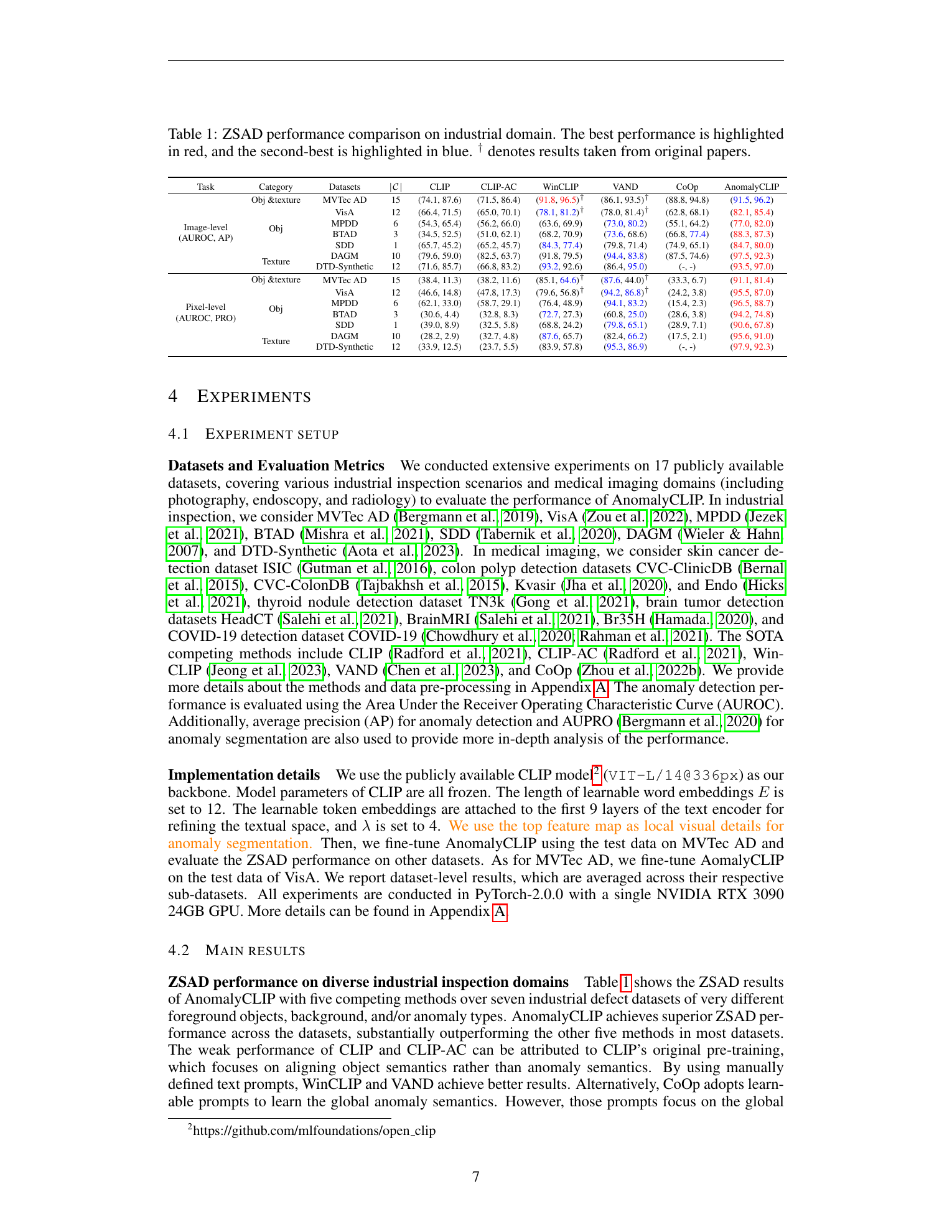 AnomalyCLIP Table 1: cross-dataset 零样本结果